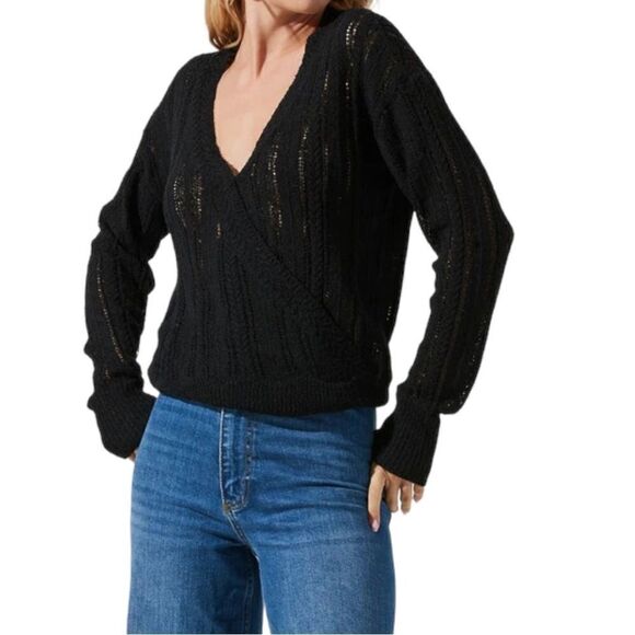 ASTR Pointelle Wrap Front Sweater in Black - Picture 1 of 8